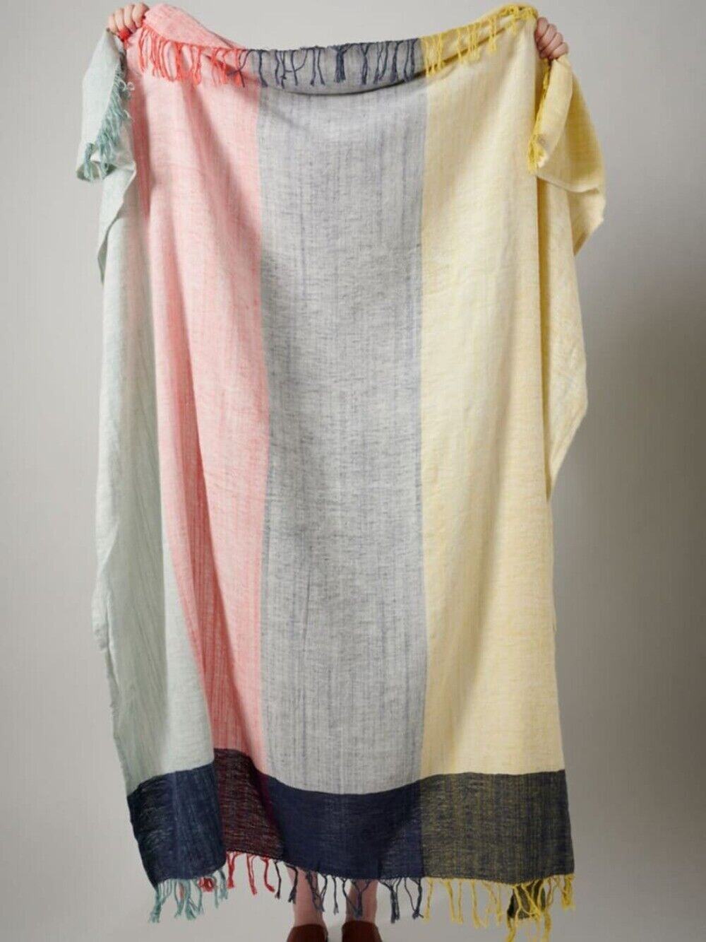 Anthropologie Colorblock Cotton Throw Blanket 60x70 Fringed